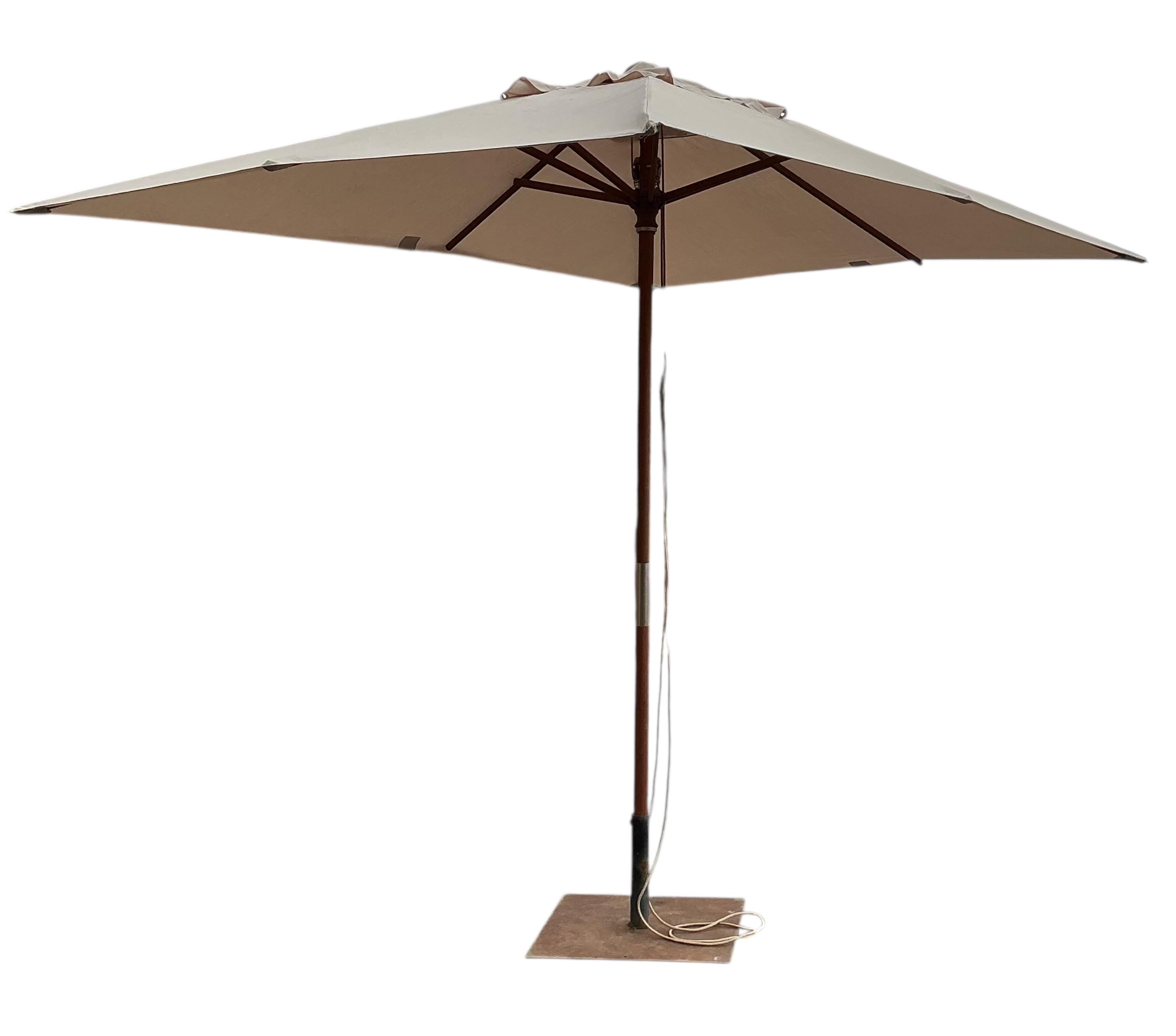 A modern cream canvas rectangular garden parasol with base, 200 x 300cm